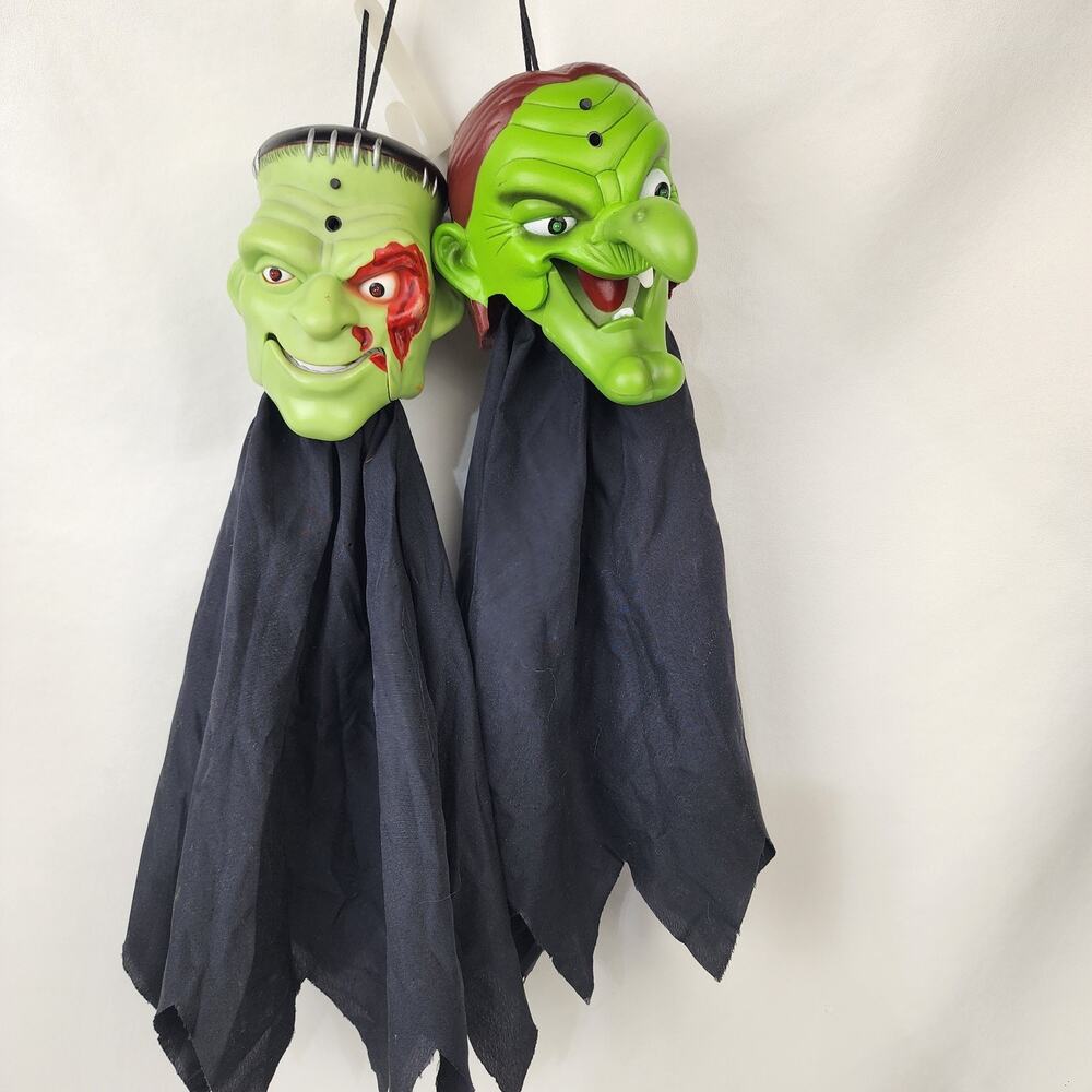Gemmy Animated Frankenstein & Witch Hanging Heads Halloween Scary Startling